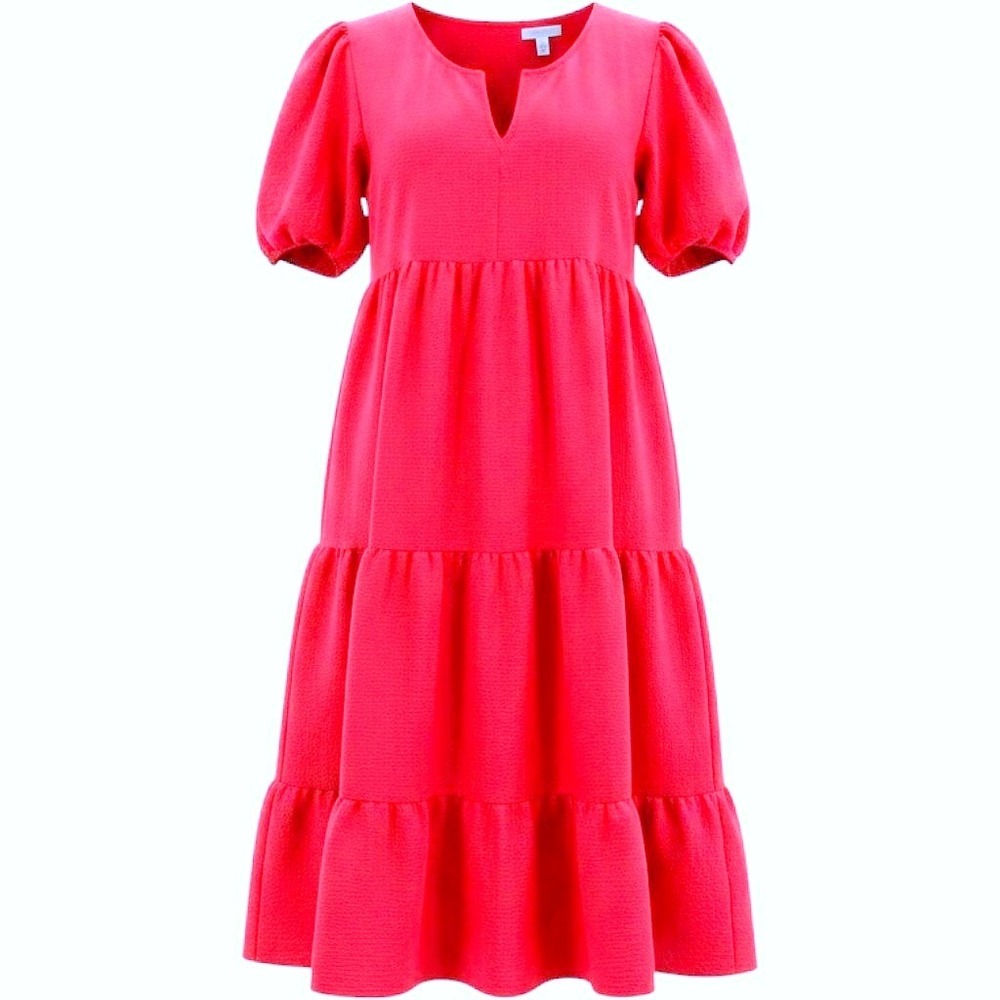 Fashion Hot Pink Bohemian Flowy Ruffled A-Line Dress XL Scoop Neck Puffy Sleeve